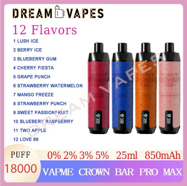 Orijinal Vapme Taç Bar Pro Max 18000 Puflar Tek Kullanımlık Vape 25ml Şarj Edilebilir E Sigara 0% 2% 3% 5% 12 Stok buharlaştırıcıda lezzetler