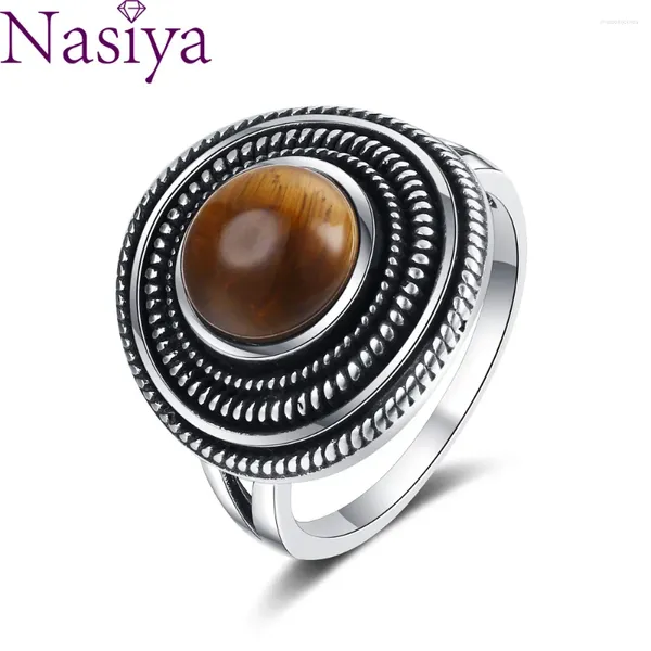 Anelli a grappolo Retro Texture Round 8mm Tiger Natural Eye Natural Women's S925 Sterling in argento gembo di gemma Vintage Ring di gioielli sottili regalo