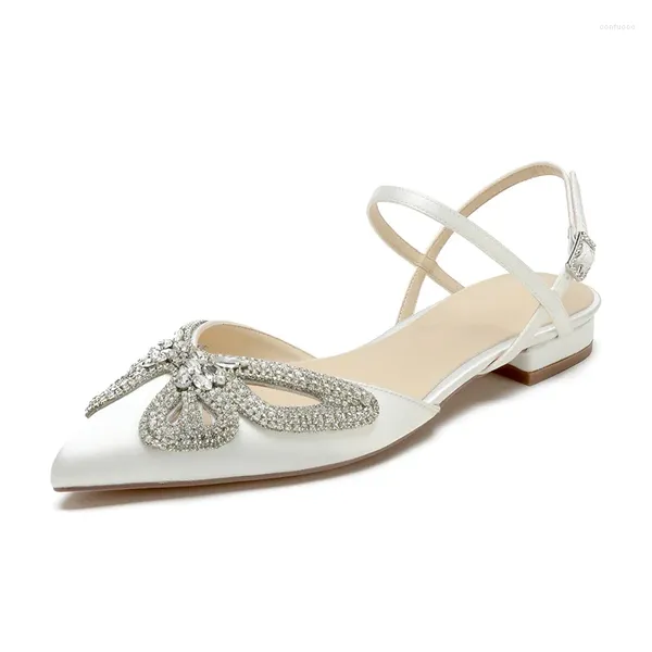 Sapatos casuais cetim de casamento de cetim de cetim para a noiva ponta -borboleta feminina sandálias planas nupcleosas/damas de honra/baile/noite/coquetel