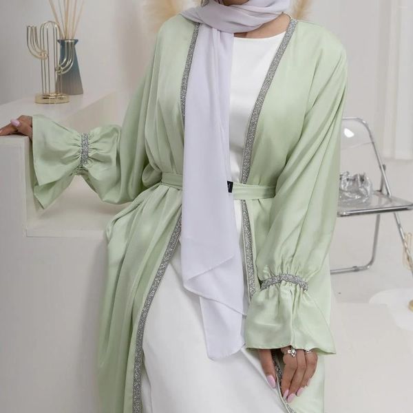 Ethnische Kleidung Satin Abaya Kimono Türkei Offen Abayas für Frauen Dubai Plain Flare Sleeve Perlen Muslim Kleider Afrikanische islamische Outfit Kaftan