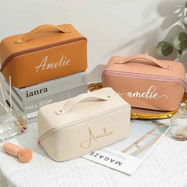 Bolsas de armazenamento Bolsa de maquiagem de couro personalizada personalizada Presente de casamento para damas de honra com nome Cosmético de grande capacidade