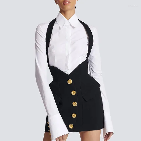 Рабочие платья Fashion Street 2peece Sets Simple Single Breed Lympel Slim White Рубашки Сексуальные ретро -подвесные шейки для женских юбки для женщин