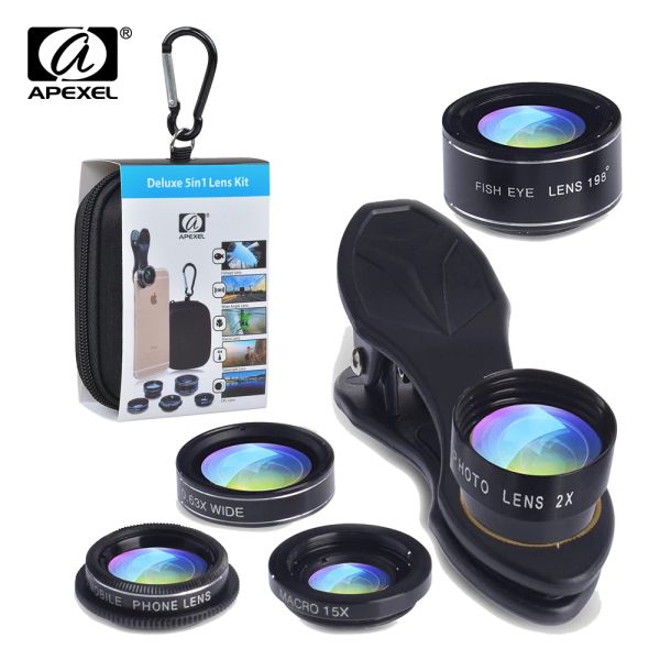 Telescópios APEXEL 5 EM 1 LENS DE LENS MOCRO LENS DE LENS LEVELHO DE LELE DE LEVELHA DE LENELO DE LELE LENS CPL Lente para iPhone Samsung Outros smartphones