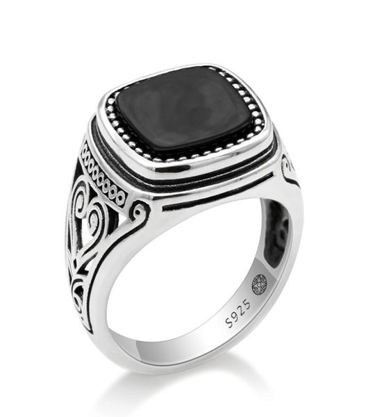 925 Sterling Silver Männer Ring mit Suqare Natural Black Stone Geschnitztes Design Thai Silber Ring für Frauen Männer Turkischer Schmuck 7120838