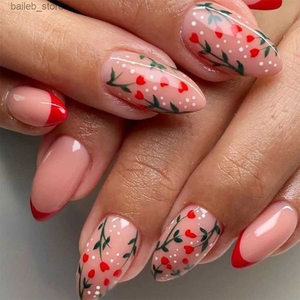 False Nails 24pcs Abbiglia finta di mandorle Red Love Heart Pattern artificiale unghie artificiale per ragazze donne indossabili unghie finte San Valentino Gifts Y240419