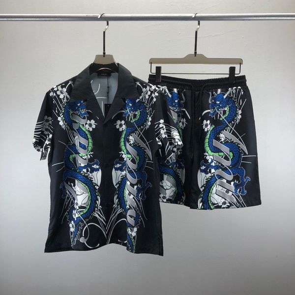 Chemise Luxe Mens Camisa Designer Camisa Conjunto de Dragão Blue Dragon Hawaiian Manga curta Two Piece Designer Dress Camisa Button Up M-3xl Yyg