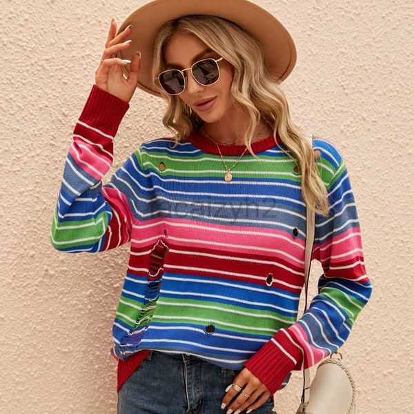 Camiseta feminina camisetas sexy sweater de cor de inverno outono suéter de manga longa redonda suéter listrado sweater listrado colorido de contraste de cor casual sweater plus size tops