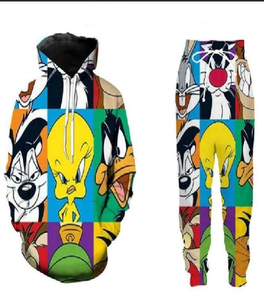 Wholenew Fashion Menwomens Cartoon Looney Tunes Sweatshirt Joggers Funny 3D Impressão unissex Hoodiespants ZZ0309740239
