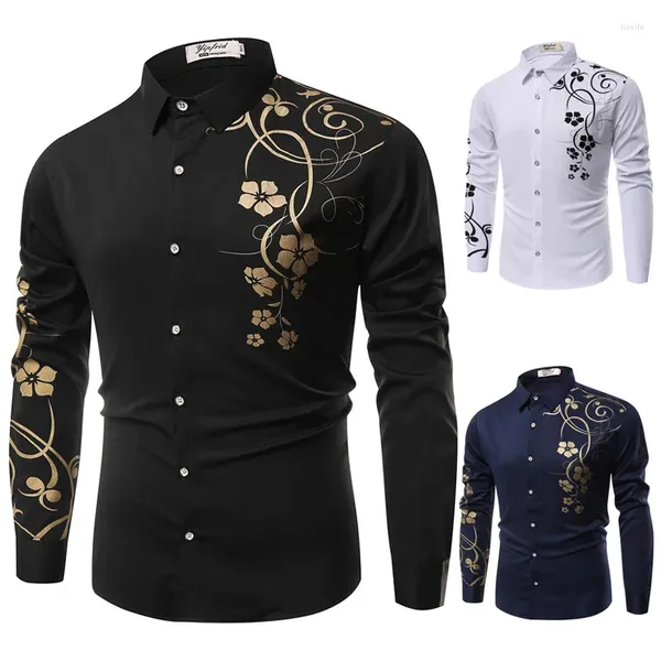 Camisas casuais masculinas 2024 Spring Polo Collar Camisa de manga longa para moda Flor de alta qualidade de alta qualidade de moda