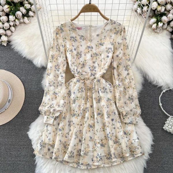 Lässige Kleider eleganter Frauen Chiffon Kleid Blumendruck V-Ausschnitt Langarm A-Line-Outfit Vestidos weiblicher Frühling Herbst Vielseitige vielseitige Kleider