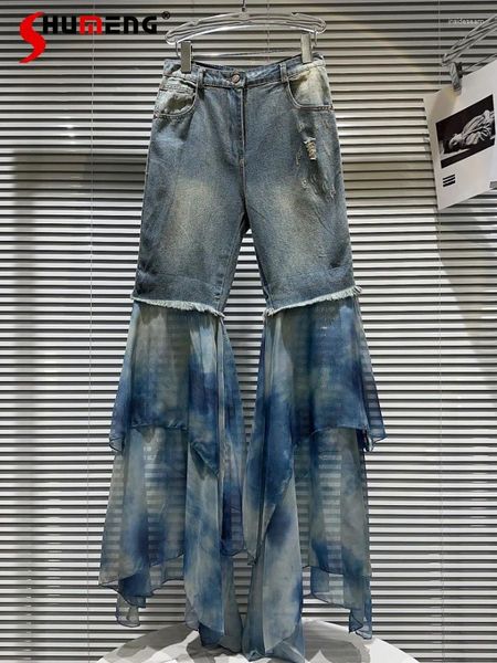 Frauen Jeans Modekrawatten-Wassernähte Hose Bein Schlankes ausflammer Frauen 2024 Frühling Herbst gewaschene Baumwollblau zerrissener Frau