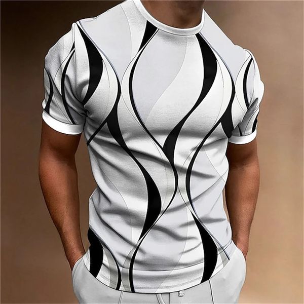 2023 New Mens Camiseta 3D estampa listrada Tops Tops Summer o pescoço Casual Manga curta masculino Slim Fit Cloths Apparel barato 240415