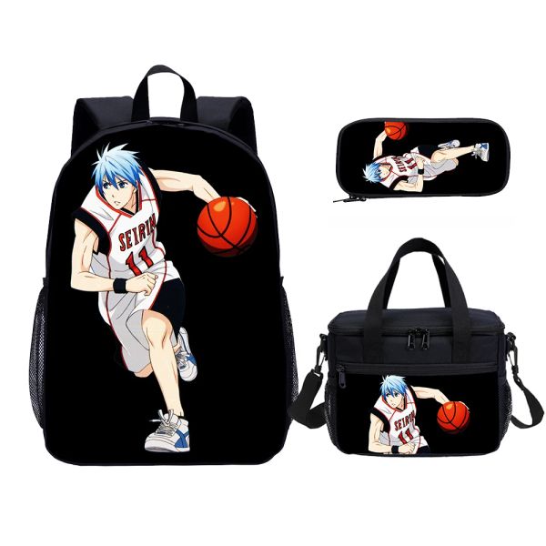 Bolsas Kuroko No Basketball School Bag Conjunto 3D Impressão 3 PCS Cartoon Backpack Set School Bag School Caso Lápis Lunhana Térmica Bola Garotos