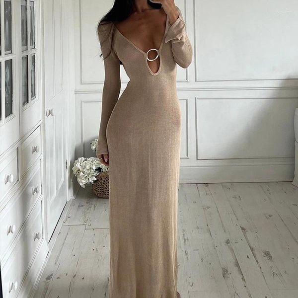 Lässige Kleider bkld Mode offener Rücken eleganter Frauen stricken langen Kleid O-Ring-Ärmel durch tiefes V-Ausschnitt sexy Feiertags-Outfit