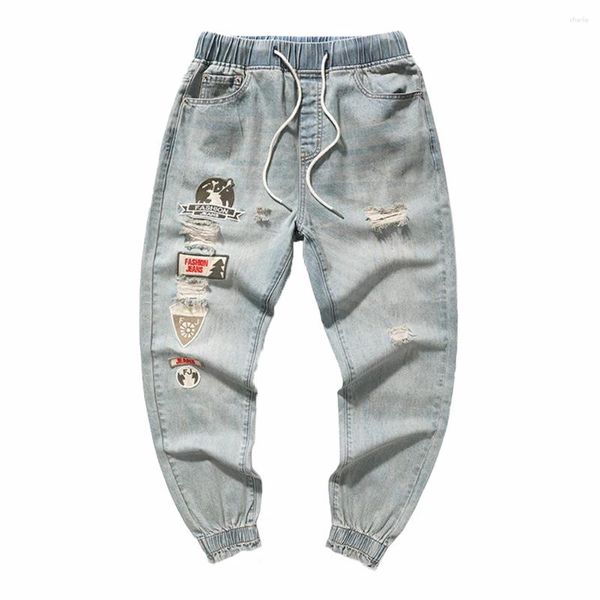 Jeans masculinos Men versátil 50%poliéster 50%algodão azul quebrado moda casual para todas as estações coreanas soltas confortáveis