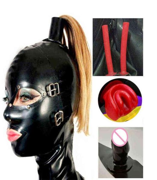 Andere Höschen sexy erotische Club -Dessous handgefertigte schwarze Latexhaube Maske mit Augen Mund Zähne Knebel Stecker Abdeckung Nasenröhrchen Ponytail TR4594329