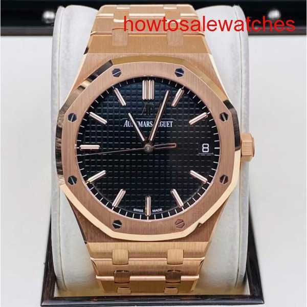 Womens AP Wrist Watch Royal Oak Series 15500or Rose Gold Black Dial Black Moda de lazer
