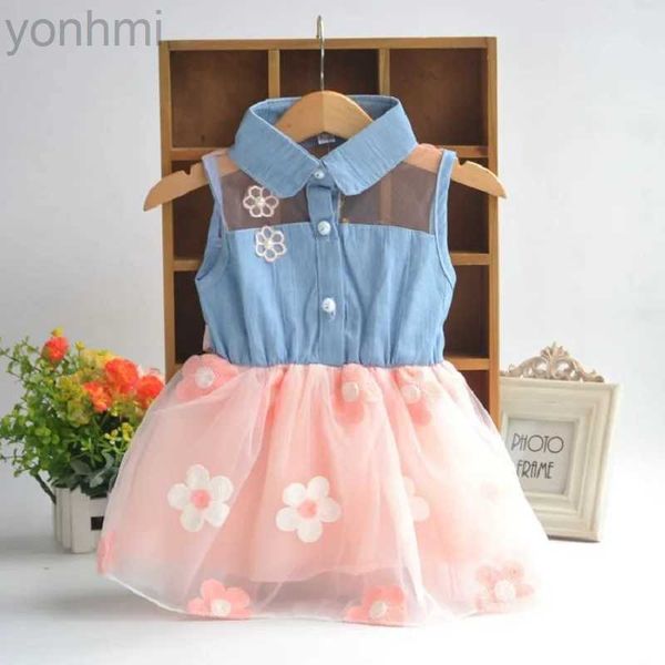 Vestidos de menina infantil vestido de verão flor malha bebê vestido jeans de lapela roupas de garota novo produto em 2023 d240423