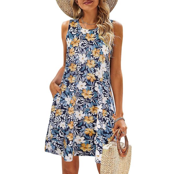 Designerkleid Frauen S-2xl Bunt gedruckt O Hals Langes Kleid lässig böhmische ärmellose Damen Sommer Beach Sunddress Reise Taschenhemd Party Kleider Grüne Kleid Grüne Kleid