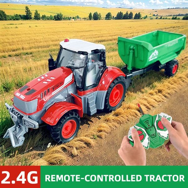 124 RC Farmer Toys Set Tractor Trailer com LED faróis 24G Controle remoto Carmating de caminhão de carro simulador para crianças Presente 240417