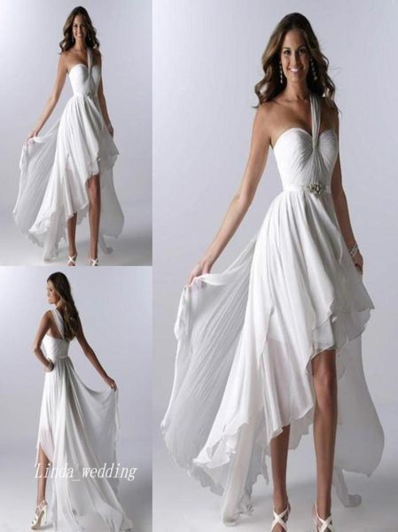 Einfacher weißer Strand Brautkleider Asymmetrisch kurz vordere Vorderseite Long Rücken hohe niedrige Schulter Rüschen Chiffon Sexy Brautkleider7695233