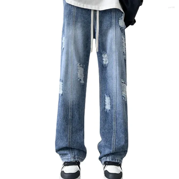 Jeans masculinos Summer Ripped Men casual Tubo retro retro traço de corda portuária de moda de moda de moda de lavagem