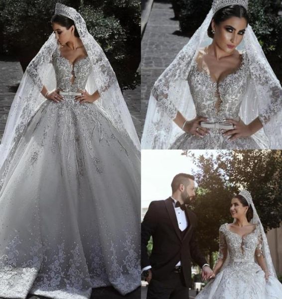 Vestidos de noiva do Oriente Médio Arábico de Luxo Saudita Cristal Vestidos de Ball de Manga Longa Cristal Vestidos de Noiva 2019 Modest Country Wedding Dress3254731