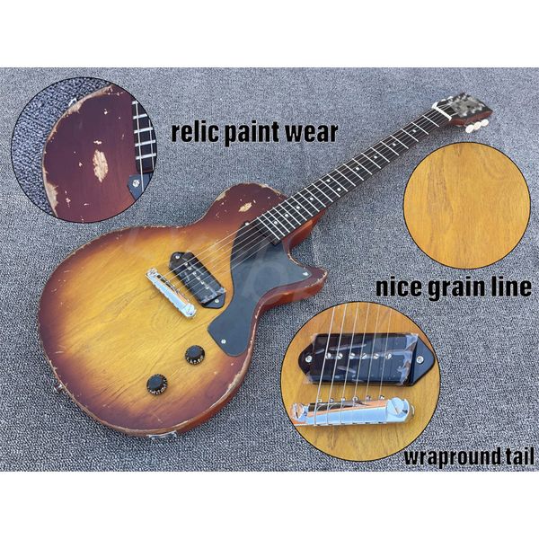 Stocking Electric Guitar Flat Top Tobacco Burst Paint and Parts Dog Ear P90 Pickup e Wrapround Tail Black Pickguard Spedizione gratuita