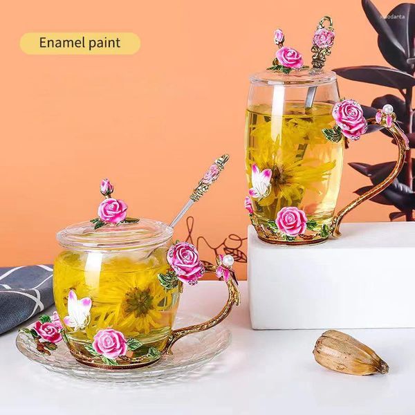 Becher kreativer roter Rose Emaille Kristall Tasse Tee Tasse Kaffee Schmetterling Gänseblümchen gestrichene Blumenwasser Tassen klares Glas mit Löffel