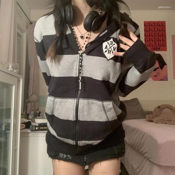 Frauenjacken Y2K Ästhetik Retro Grunge Sweatshirts Vintage Striped Reißverschluss Hoodies Harajuku Gothic Dark Academia E-Girl Coat Frauen Frauen