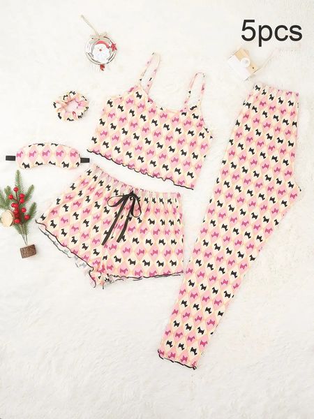 5 PCs feminino pijama conjunto de sem mangas de alface com calça de impressão de cavalo superior de pedestres feminino