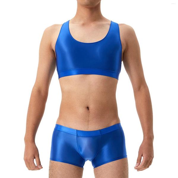 Frauen Badebekleidung Herren glänzend Badeanzug Set ärmellose U Hals Racerback Crop Top mit Boxer -Briefs Unterwäsche -Training Schwimmanzug