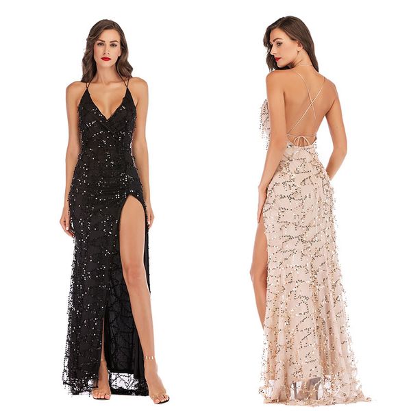 Sundazione di paillettes nera Nuova abbigliamento Donne sexy senza schienale split di lusso paillettes party club indossare un maxi abito