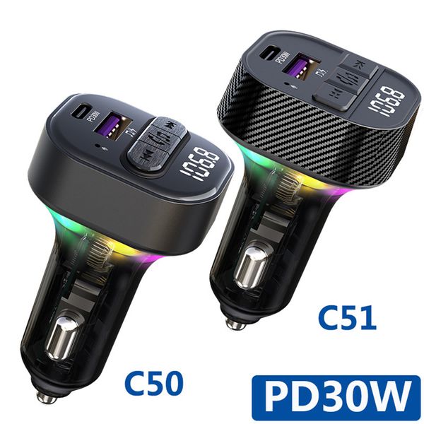 Kit Bluetooth de 12-24V Transmissor FM 87,5-108 MHz Carro de áudio Mp3 Player 5V Saída USB C PD30W Acessórios eletrônicos de carregador rápido C50/C51