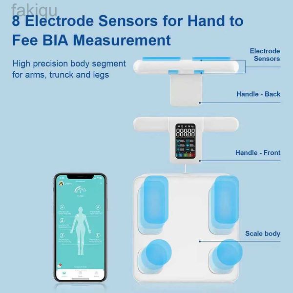 Escamas de peso corporal Biologia inteligente Escala de gordura corporal 8 Eletrodos Medidor de composição corporal profissional com manipulação BMI Scale recarregável 240419