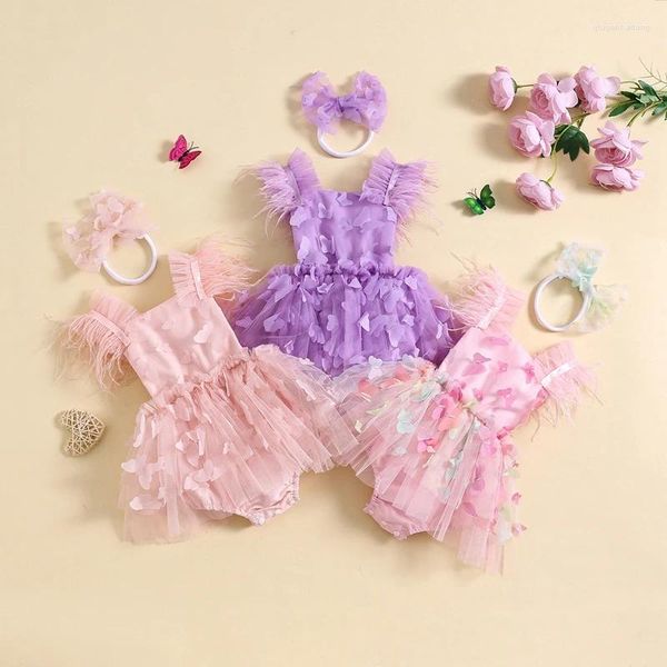 Kleidung Sets Baby Girls Rolbert Kleid Federhülle 3D Schmetterlingsnetz Tüll Rock Saum Säuglingsbodys Sommerkleidung mit Stirnband