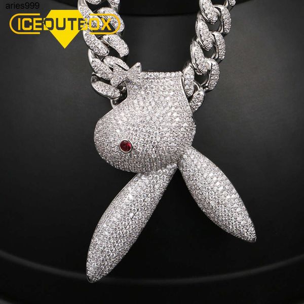 Gold Brass Icepto de Cartoon Rabbit Pingente Chain Bling Bling Cubic Zirconia Hip Hop Jeia para homens