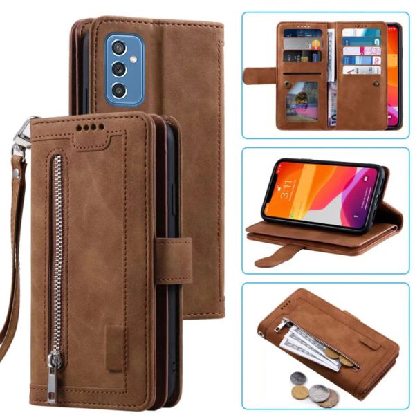 Cüzdanlar 9 Kart Cüzdan Kılıfı Samsung Galaxy M52 Kılıf Kartı Yuvası Zipper Flip Folio Samsung M52 5G kapağı için bilek kayış karnavalı