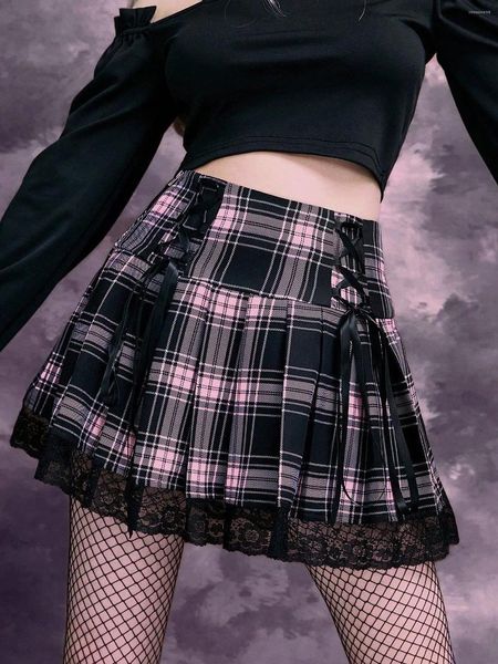 Saias góticas escuras harajuku xadrez alta mini pastel de renda gótica saia de bandagem de bandagem e-menina colorida de colorido de streetwear