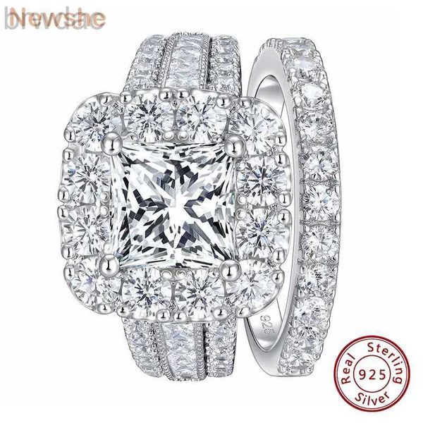 Solitaire Ring Newshe Solid 925 Silver Halo Prinzessin Cut 5A Kubikzirkon Vintage Eheringe für Frauen Braut Verlobungsring D240419