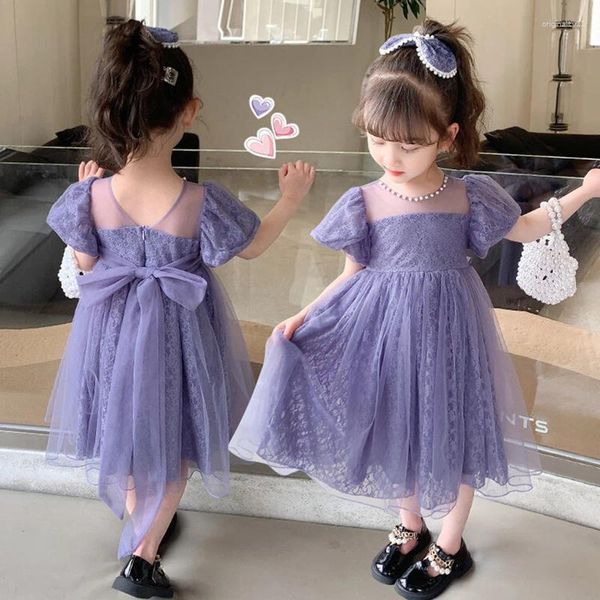 Vestidos de menina 2024 Summer Lace Princess Girls Dress Pearl Mesh Mesh Big Bow Multi-camada de camada fina por 2-8 anos