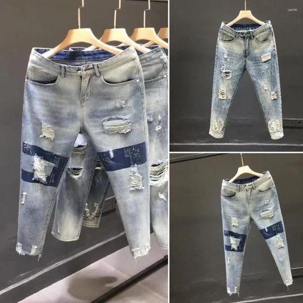 Jeans maschi maschi semplici uomini traspiranti traspiranti snello slim jeans distrutto con buchi vestiti