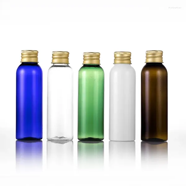 Bottiglie di stoccaggio 100 pezzi 60 ml Mini cosmetici di plastica vuoti Tappo a vite in metallo Piccolo lozione da viaggio Shampoo Contenitore colorato Oli