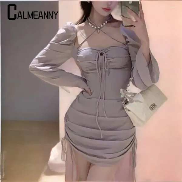 Vestidos casuais mulheres 2024 verão moda vintage sexy bandagem quadrada colae pilha de manga de manga Solid Solid Slim elegante mini vestido