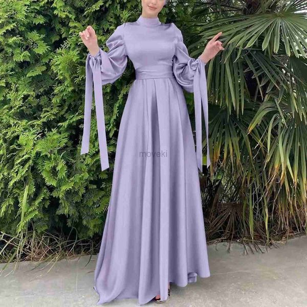 Roupas étnicas Mulheres muçulmanas Mulheres islâmicas Vestido de cetim Hijab Arábica plissada Abaya Dubai Manga de balão com fita Eid Mubarak Vestidos turcos D240419