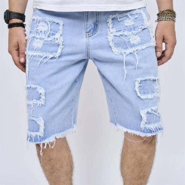 Jeans masculinos de rua de verão masculino Hole angustiado Patch shorts jeans de praia