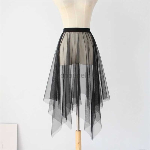 Grundlegende lässige Kleider Langes schwarz weißes Tulle Spitze Mesh Rock Frauen Petticoat Unterrocks Sommer Koreanisch unregelmäßige Deckrock -Tutu -Rock für Mädchen 240419