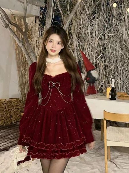 Abiti casual 2024 Spring Red Lolita Y2K Abito da festa corta Donne Kawaii Sweet Mini Elegante Chic One Piece Mode coreano