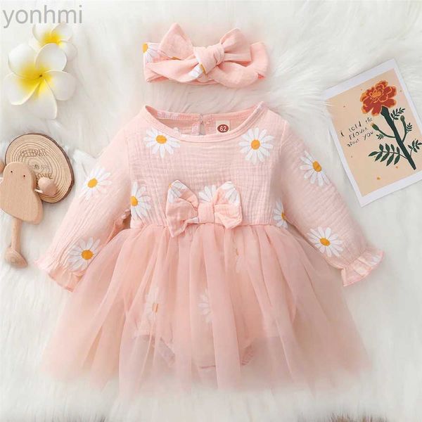 Mädchenkleider Neugeborene Mädchen Mädchen süße Gänseblümchen florale Langarm Tüll Patchwork Bodysuit Urlaub Party Pink Prinzessin Kleid D240419