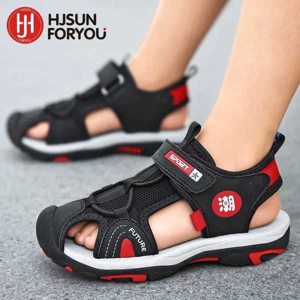 Sandalen Neue Style Summer Beach Wasser Kinder Sandalen Modeschuhe Outdoor nicht rutschfeste Schattierung Leder Jungen bequem 240419